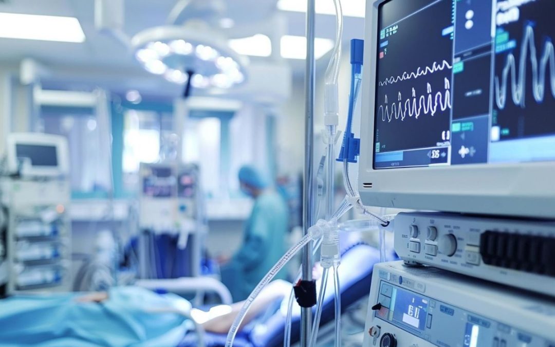 Monitor médico mostrando signos vitales en una sala de hospital con paciente y personal de salud.